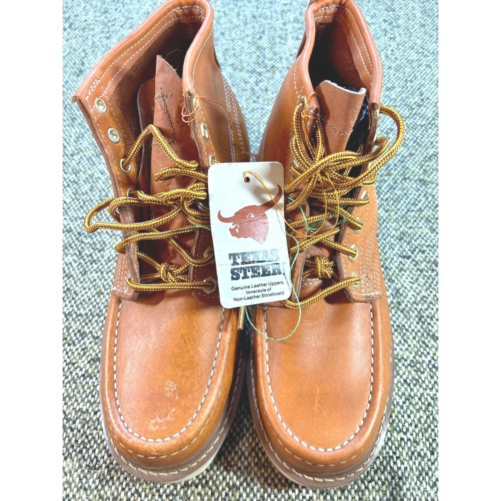 Vintage Texas Steer Leather Moc Toe Work Boots Tan Lace Up Unisex New Old Stock
